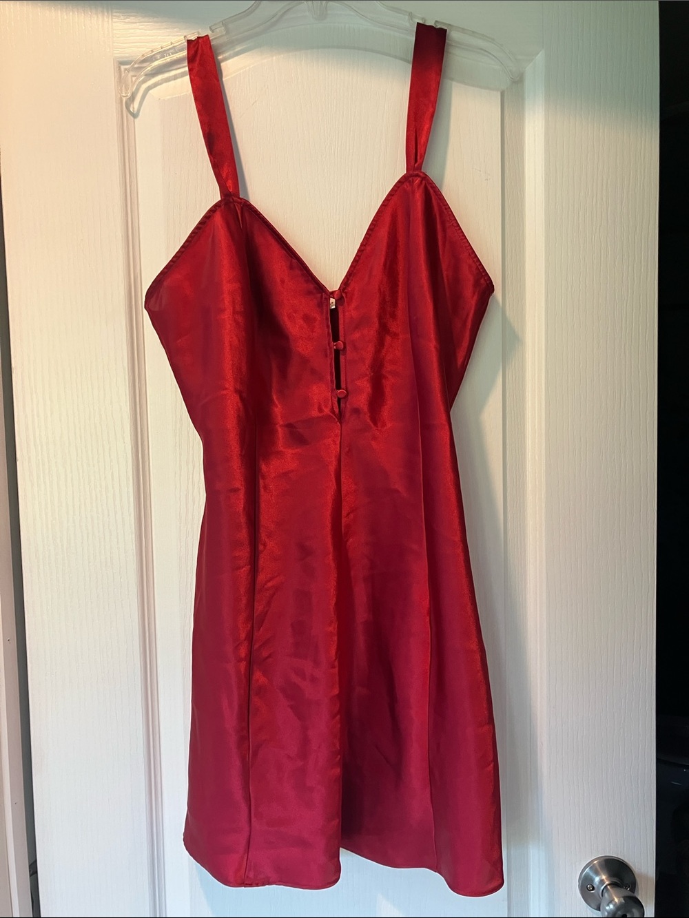delicates Crimson Satin Slip Chemise with Front Button Accents